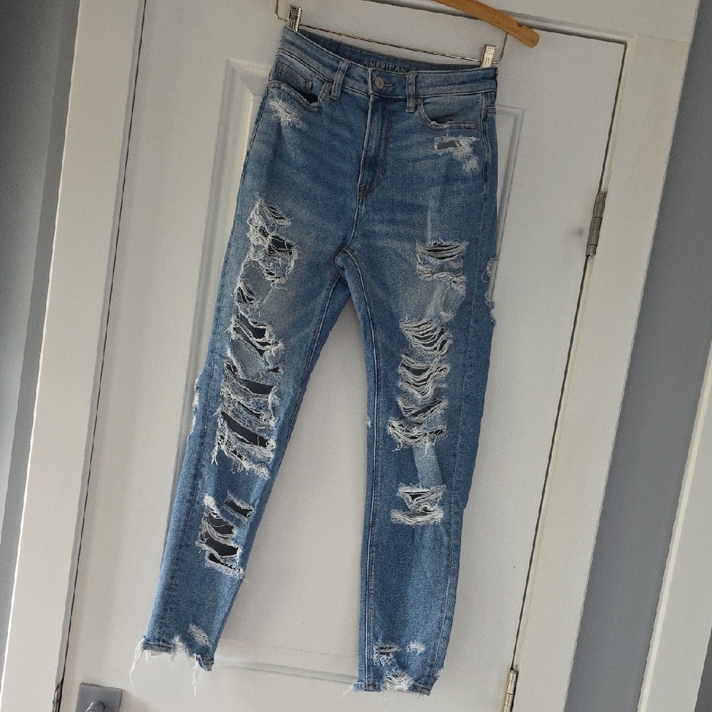 American Eagle Distressed Medium Blue Mom Jeans